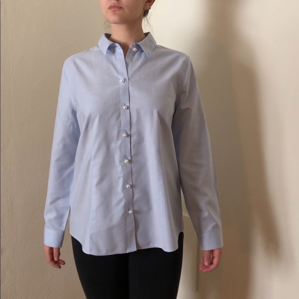 Blue Pearl Button No Iron Button Down Blouse